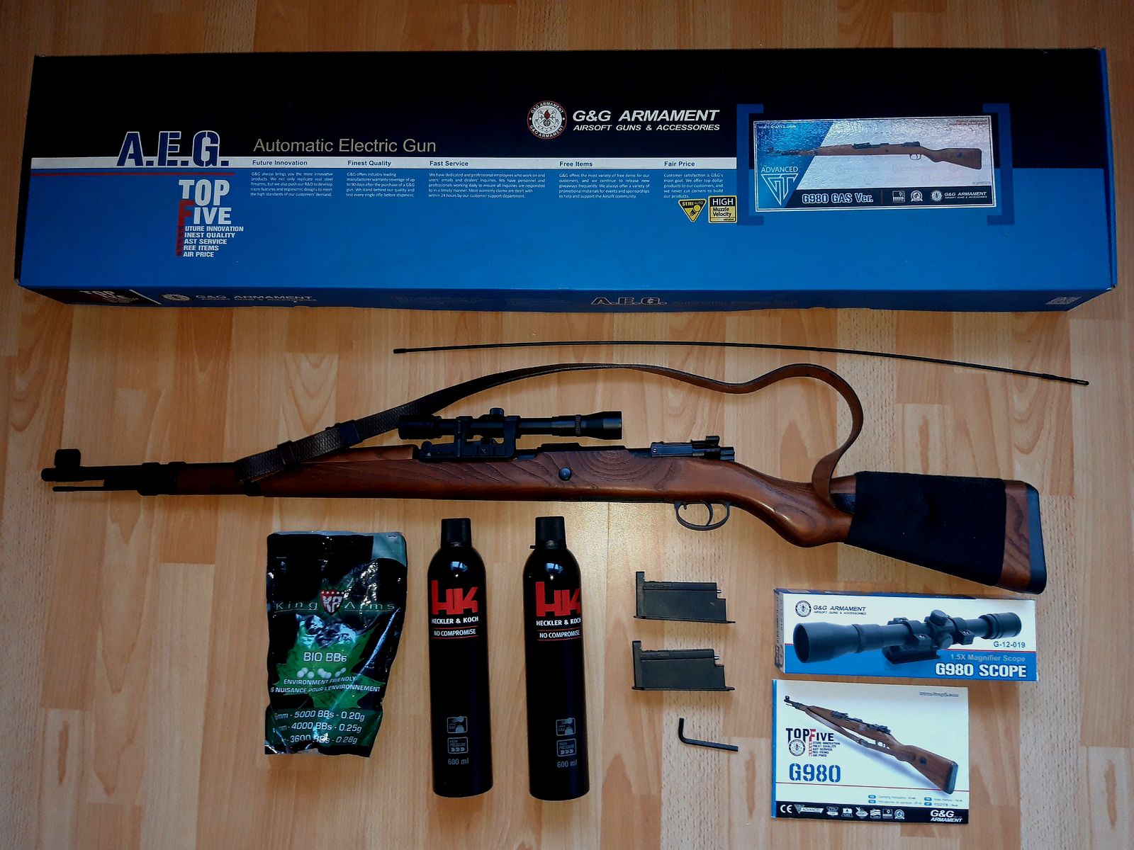 G&G Airsoft Karabiner 98K Echtholz CO2 sztucer repetierowy 6mm BB Z DUŻO AKCESORIÓW - OD RAZU GOTOWY DO STRZAŁU, zdjęcie 1 z 8
