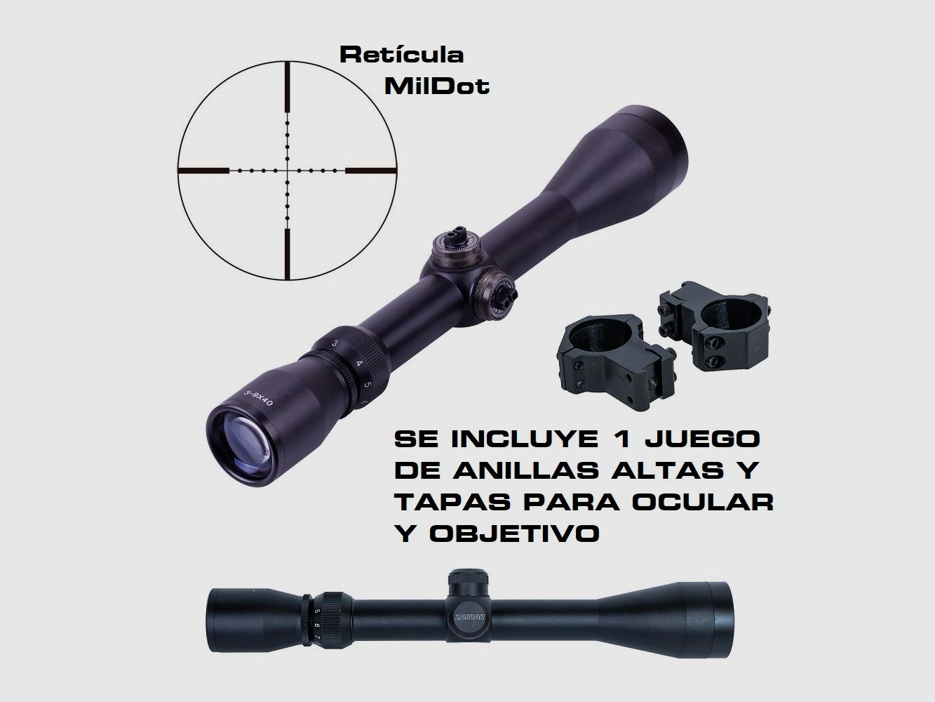 Zasdar 3-9X40 mm Riflescope. Mildot reticle non-illuminated with 11mm scope rings