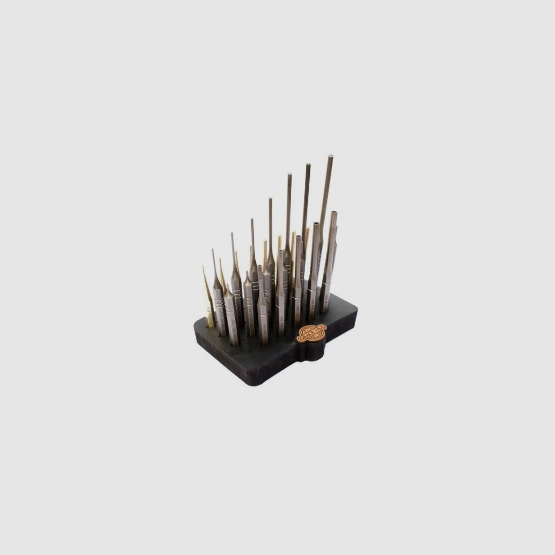 27 steel and brass pins with block