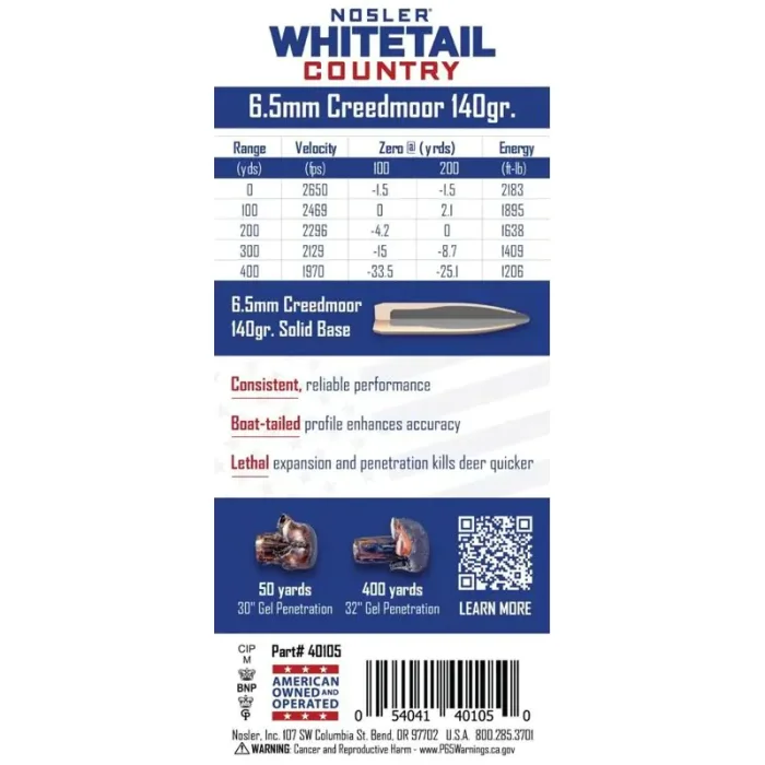 Munición 6,5 Creedmoor Nosler Whitetail 140 gr 40105, imagen 2 de 4