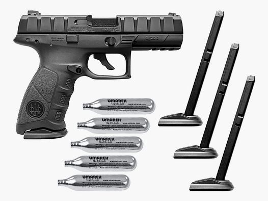 Pistolet à air comprimé Beretta APX CO2 cal. 4,5 mm BB noir avec glissière en métal - 3 chargeurs - 5 capsules de CO2 - Comme neuf