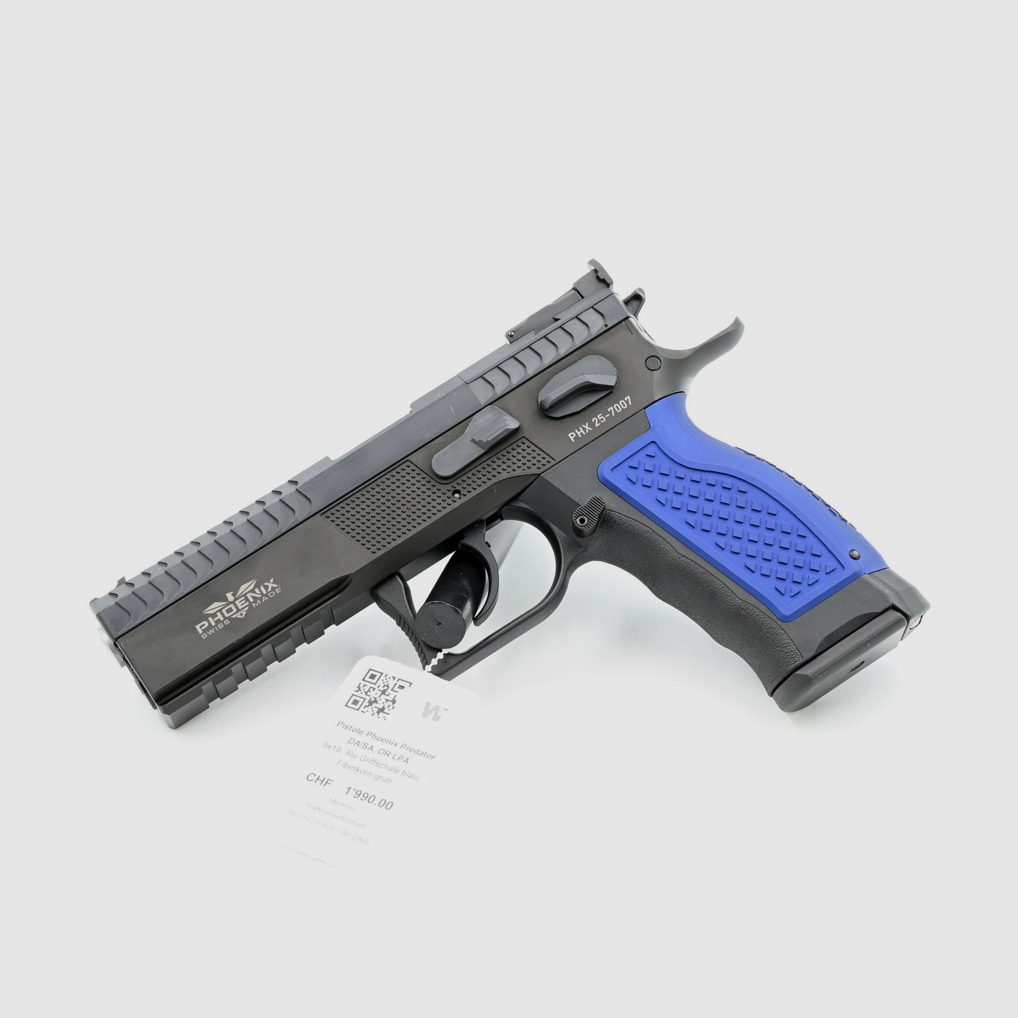 Pistolet Phoenix Predator, Czarny, 9×19, DA/SA, OR LPA, Aluminiowy Chwyt Niebieski, Zielona Włókno Opticzne, zdjęcie 1 z 2