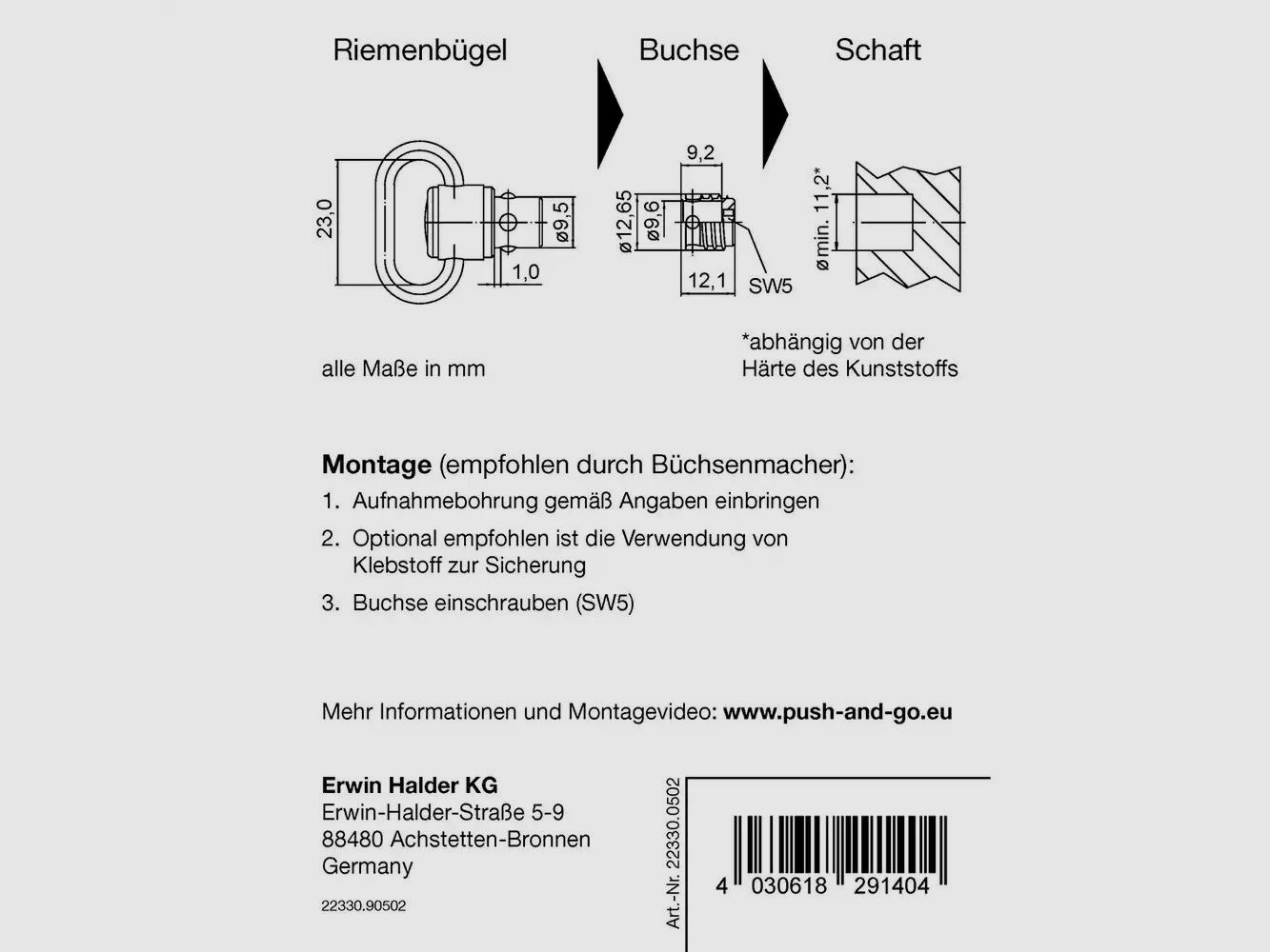 Halder Riemenbügel und Buchse "Push & Go" für Kunststoffschäfte