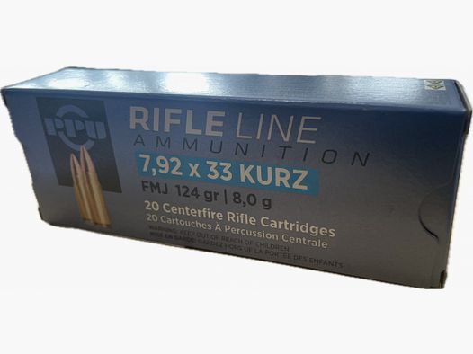 PPU RIFLE LINE - FMJ - 7,92x33 KURZ - 8,0G. / 124GRS. - POCISKÓW RYBACKICH - 20 SZTUK