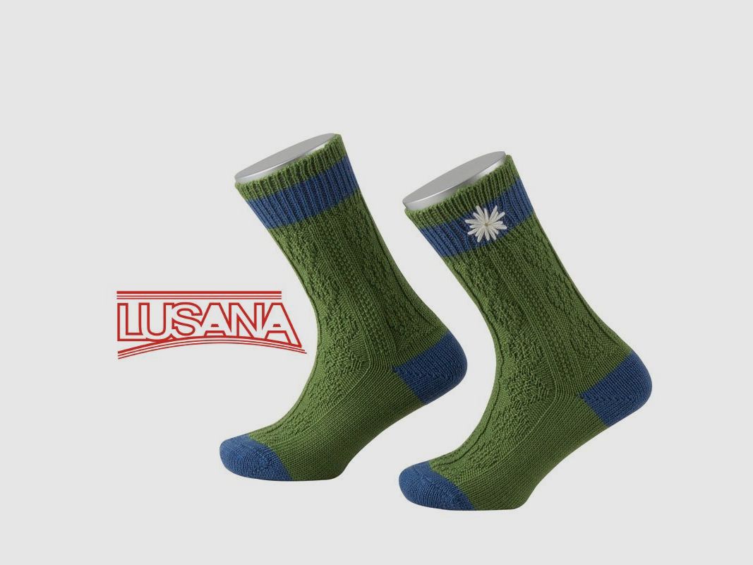 Calza tradizionale per bambini Lusana in verde con edelweiss (3510)