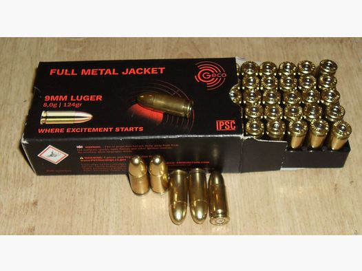 50 Deko Dekopatronen GECO 9mm Para / 9X19 / 9mm Vollmantel Original Hülsen u. Originalverpackung