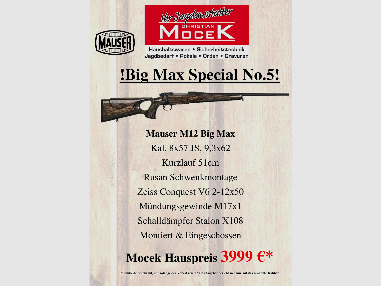 Mauser M12 Big max, mit Zeiss Conquest V6 2-12x50 M, mit Schiene