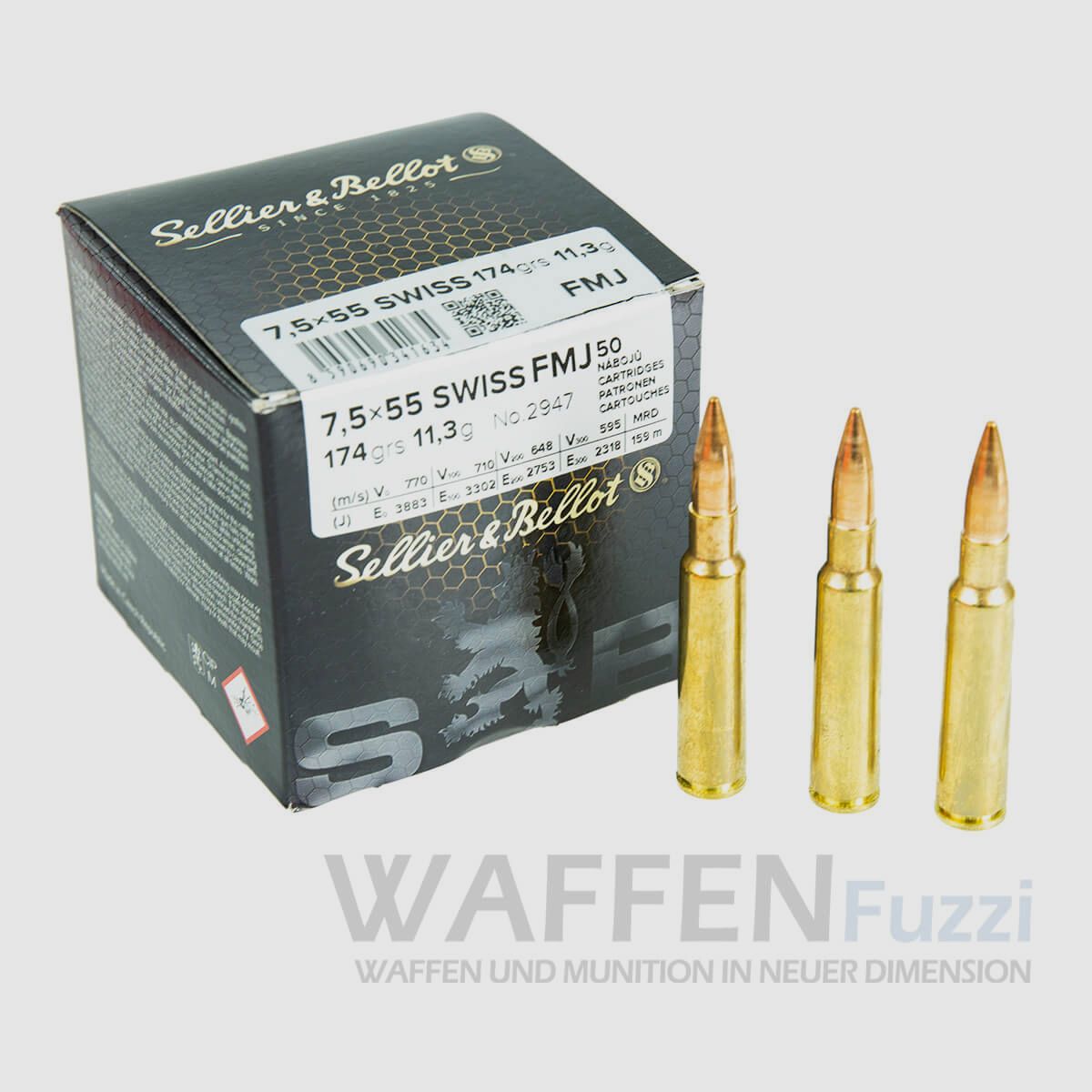 S&B 7,5x55 Suisse 174grs Full Metal Jacket 50 Cartouches