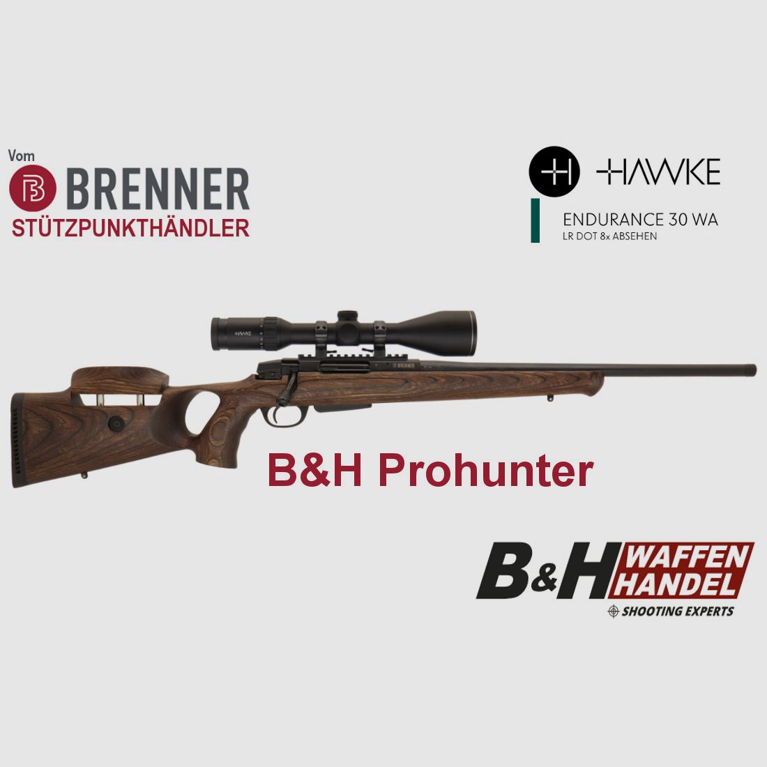 Brenner Komplettpaket: BR20 B&H Prohunter Lochschaft mit Hawke Endurance 3-12x56 fertig montiert