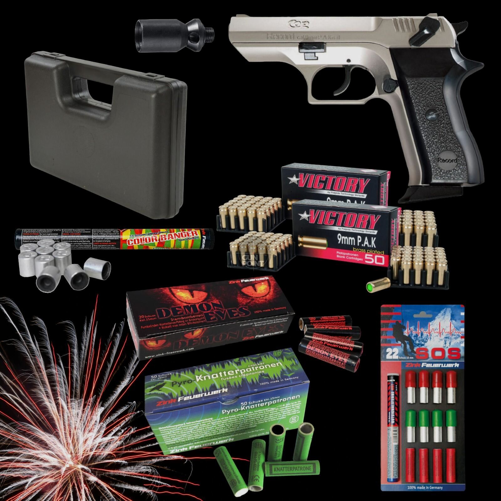 SILVESTER MEGASET !!! Schreckschuss - Pistole - RECORD Modell COP VN. - 9 mm P.A.K. inkl. Koffer, 100 Platzpatronen & 102 Schuss Effektmunition