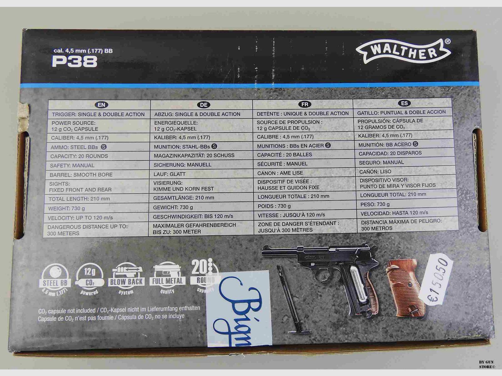 Pistola UMAREX WALTHER P38 CO2 CAL.4.5 BB =CN 434, immagine 4 di 4