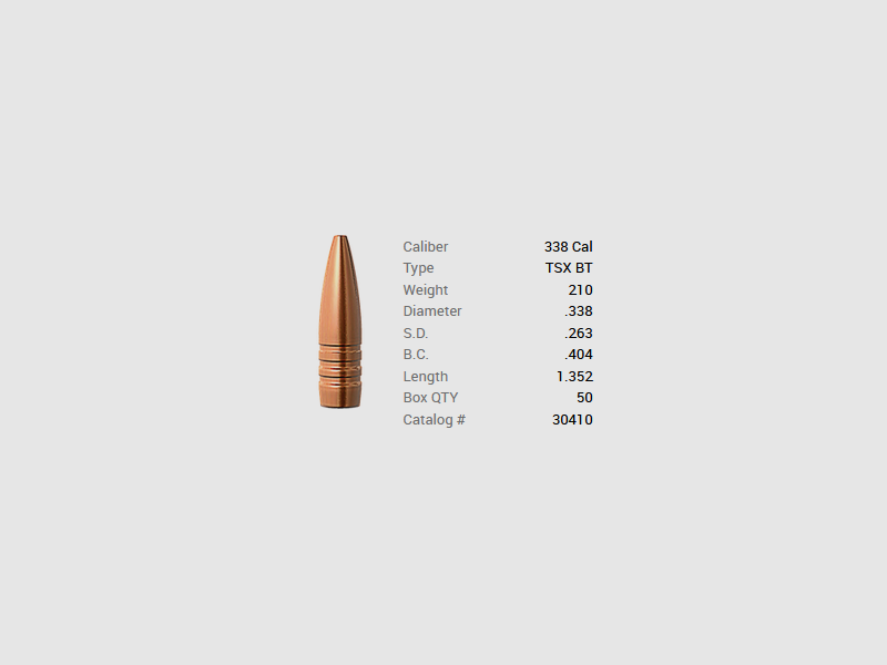 Balle Barnes .338/.338 210GR TSX BT 50 pièces, image 1 sur 2