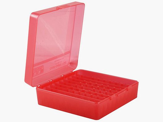 Boîte à cartouches MTM P-100-44-29 rouge transparent avec couvercle rabattable pour 100 cartouches .44 Mag. et autres.