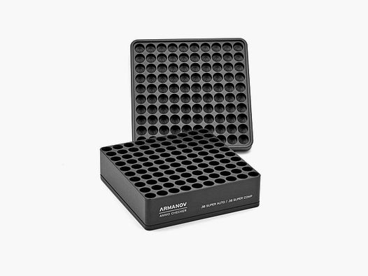 Caja Armanov GB para calibre, 100 bolsillos con tapa abatible, color: negro, calibre: .38 SUPER COMP para MTM