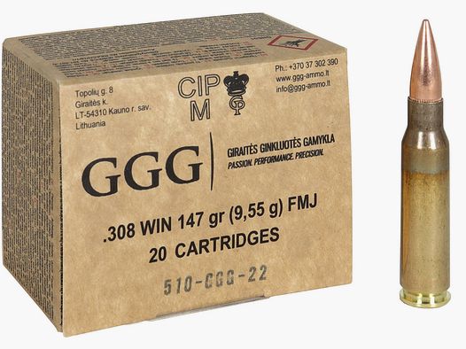 GGG .308 Win. 147GR FMJ BT 20 Patronen