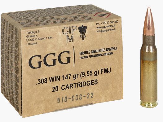 GGG .308 Win. 147GR FMJ BT 20 cartridges