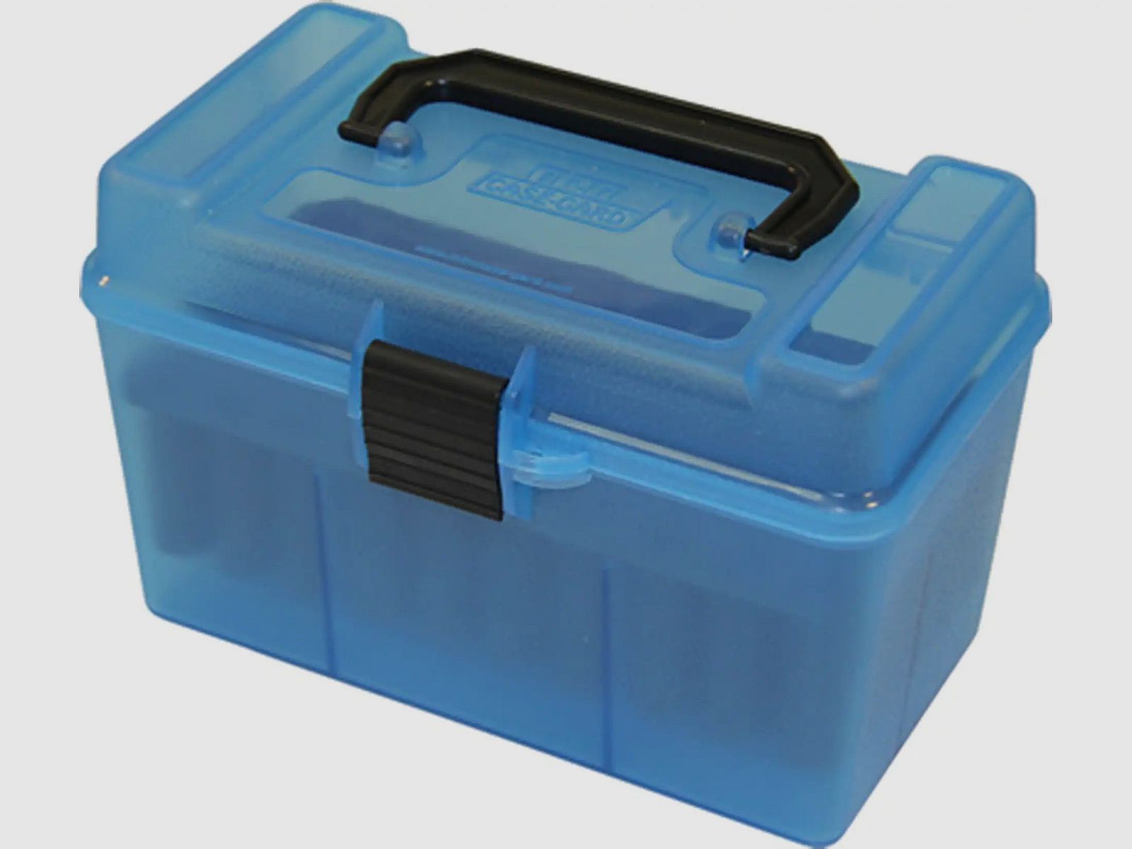 MTM Deluxe scatola per cartucce H50-XL-24 blu trasparente con coperchio a ribalta e maniglia per 50 cartucce da 7 mm e inferiori.