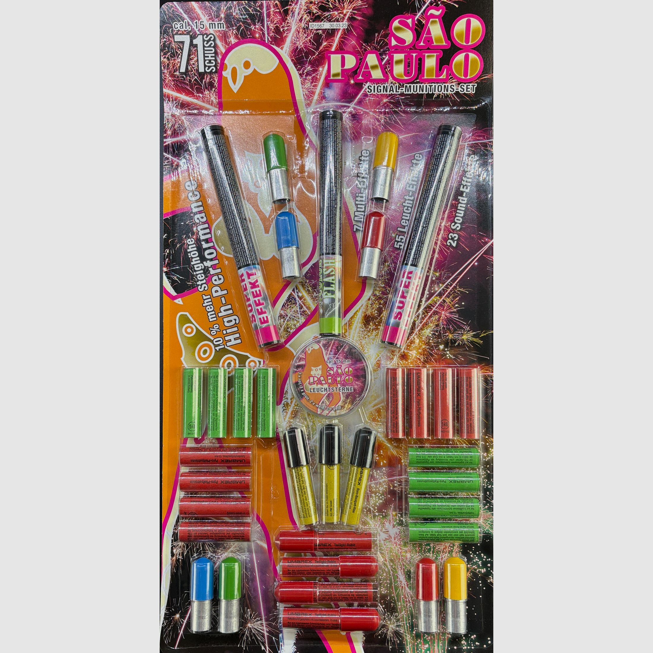 Umarex 4.1493 Sao Paulo 71 Schuss verschiedene Effekte 15mm Pyro Leucht Sound Multi Paket