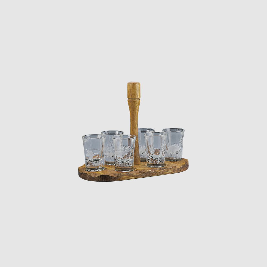 Shot glasses engraved on oak board with hunting motifs