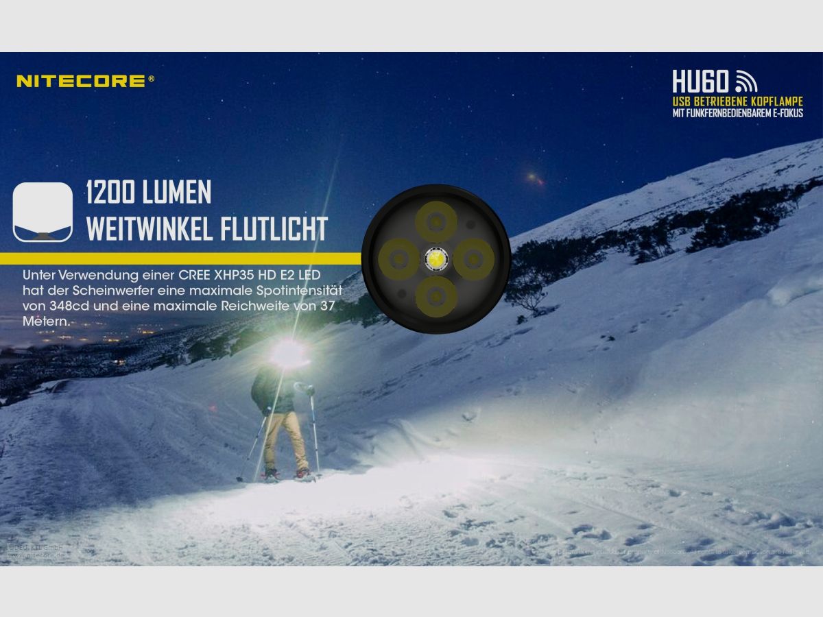 Nitecore HU60WB-2 Stirnlampe 1600 Lumen elektronischer Fokus inklusive Fernbedienung