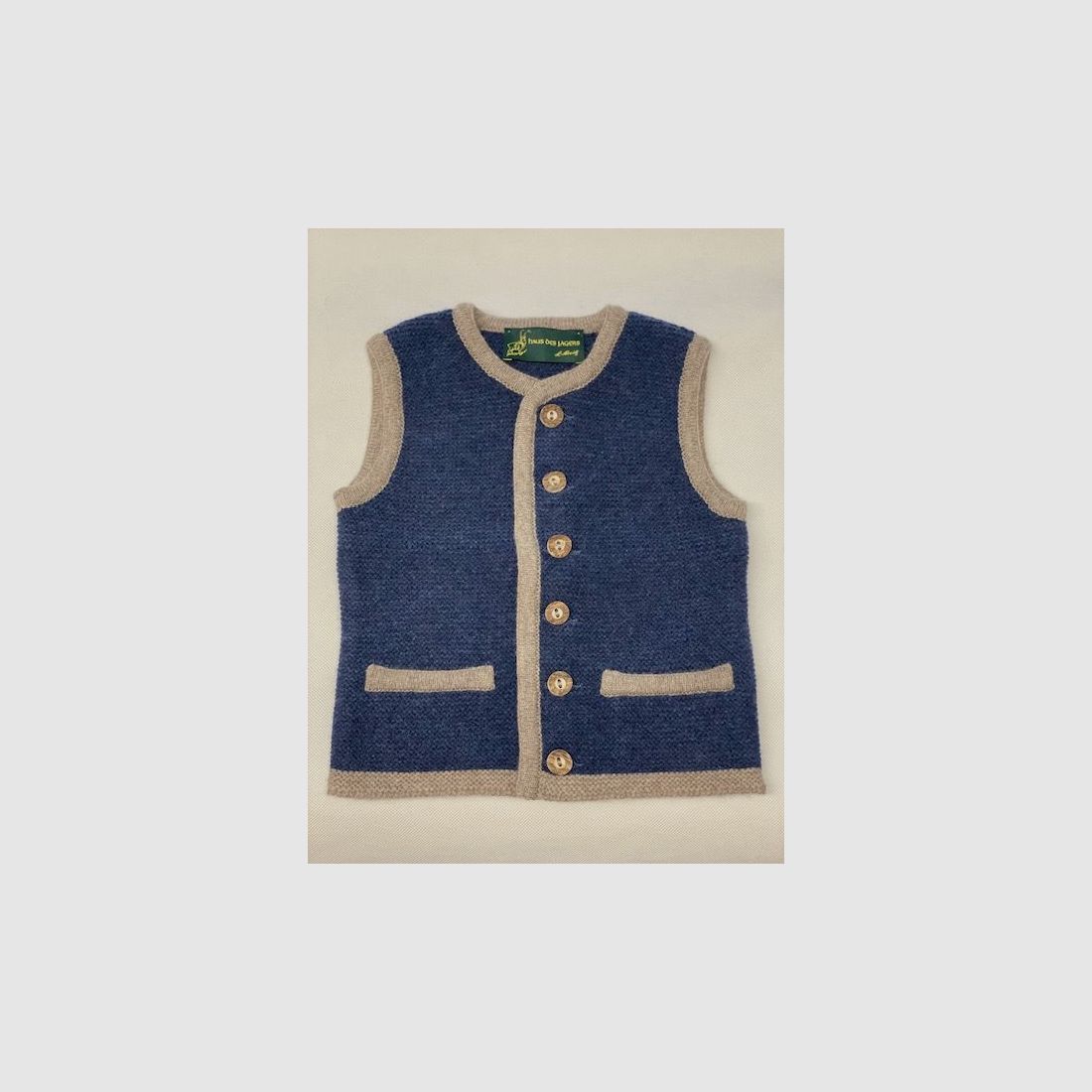 Gilet en tricot pour enfants en laine mérinos bleu foncé/beige