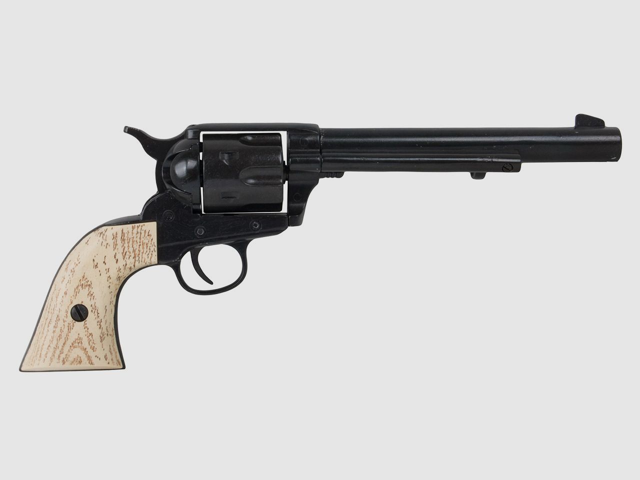 Deko Revolver US Kavallerierevolver Kolser Colt SAA .45 Peacemaker USA 1873 6,8 Zoll schwarz weiĂźe Kunststoffgriffaschalen