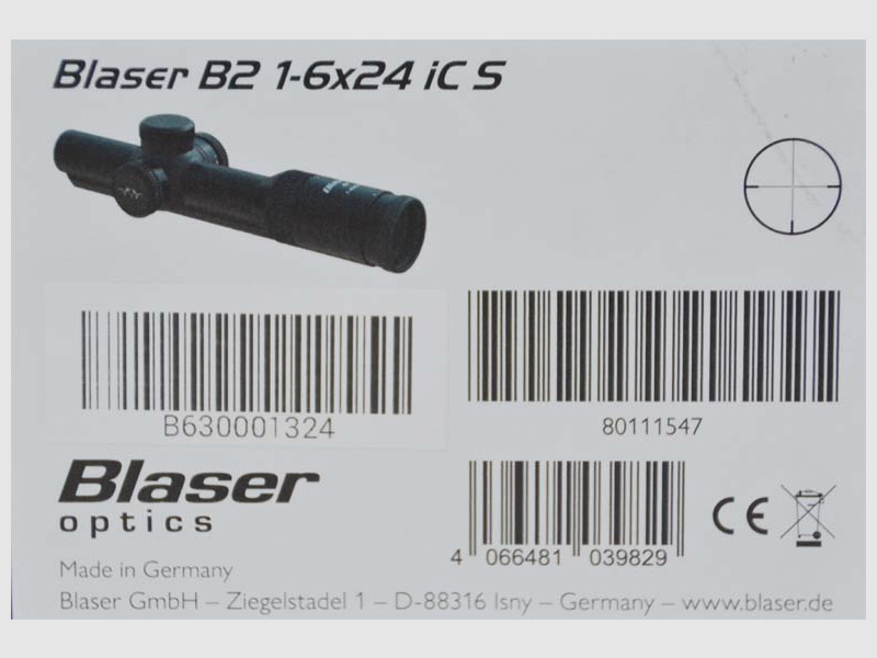 Zielfernrohr Blaser Optic B2 1-6x24 iCS , 30 mm, Absehen 4 ähnlich (2. Bildebene) beleuchtbarer M.