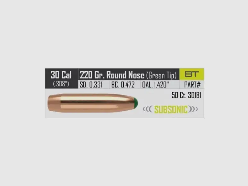 Geschosse Nosler Ballistic Tip Hunting SUBSONIC .30 cal, dia .308, 220grs, Bild 2 von 2