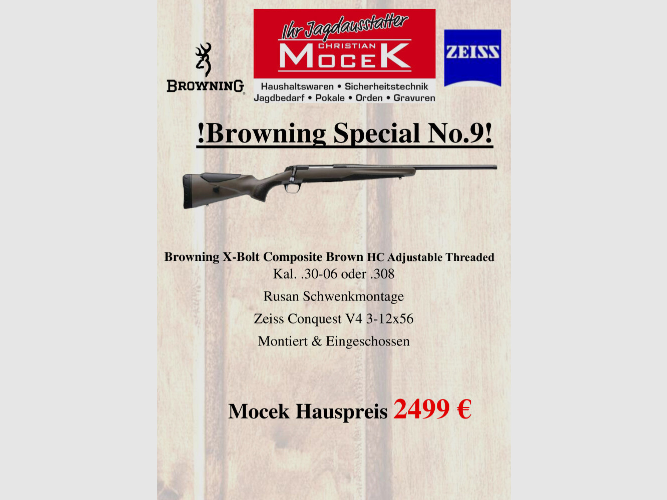 Browning X-Bolt Composite Brown HC Adjustable Threaded, with Zeiss Conquest V4 3-12x56
