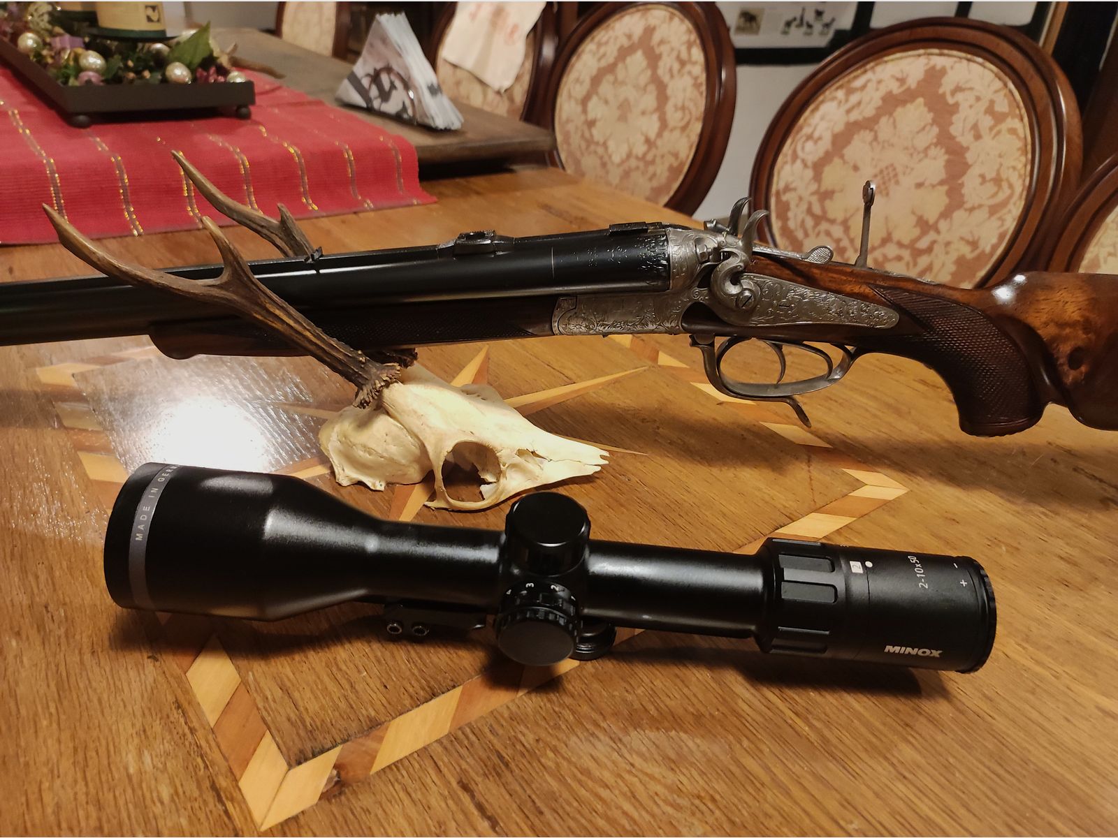 Neuwertiger Ferlacher Drilling 5,6x50R Mag 16/70 Hahndrilling Rouxverschluss kein Krieghoff Blaser Merkel Nimrod Suhl Simson Collath