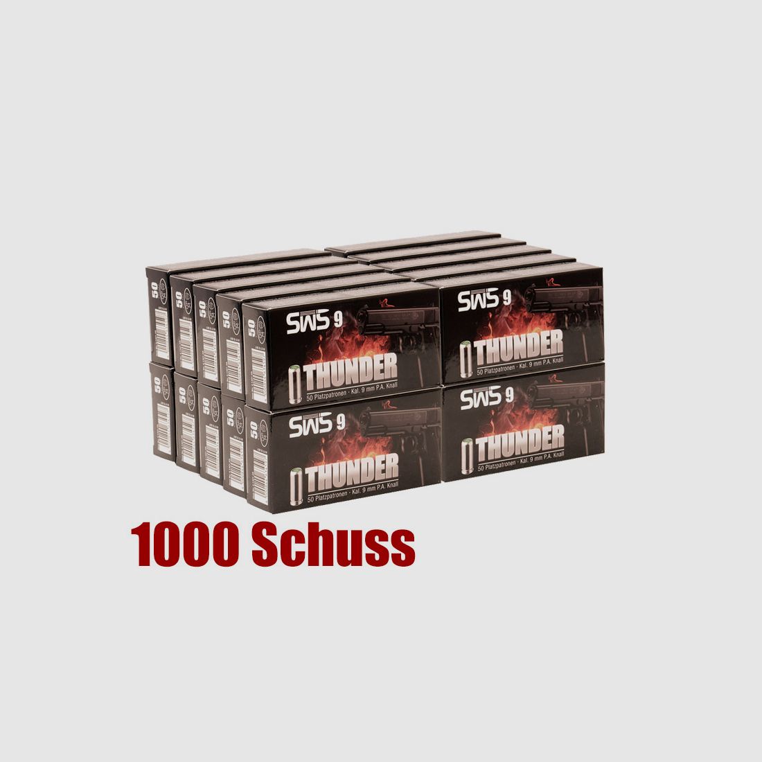 Vorteilspack Platzpatronen SWS Thunder Nitro Kaliber 9 mm P.A. fĂĽr Pistolen Stahl 1000 StĂĽck (P18)