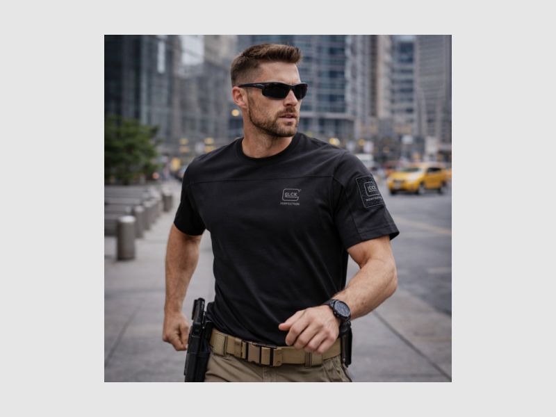 GLOCK Tactical T-Shirt Schwarz – Ripstop-Schultern, Stretch-Torso – Soft-Velcro-Badge – Größe XL