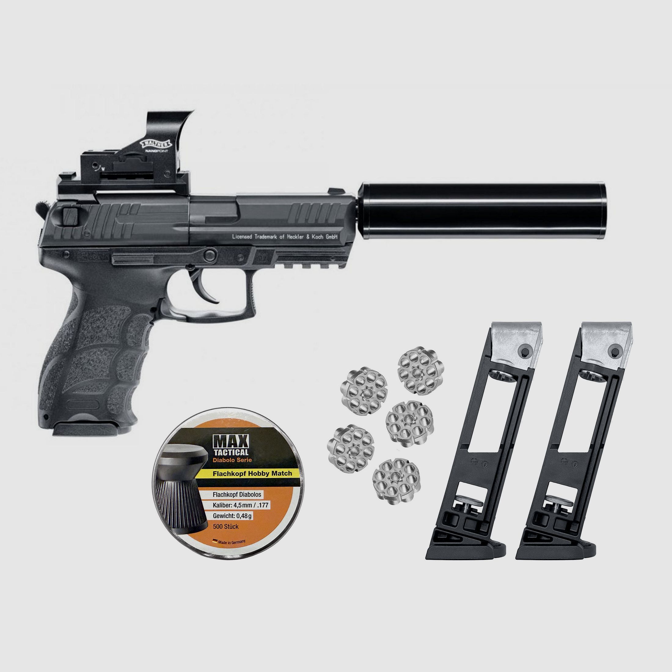 Kit CO2 pistola ad aria Umarex Heckler & Koch P30 4,5mm Diabolo + silenziatore + 2 caricatori BB + 5 caricatori a tamburo + 500 pallini - NUOVO