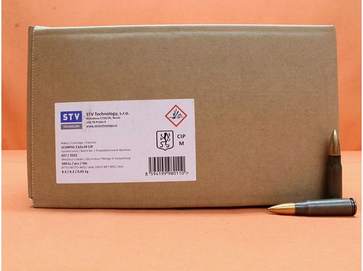 STV Scorpio (Surplus) Patrone 7,62x39 SM (Surplus) 123grs FMJ VE 500 Patronen (Stahlhülse lackiert)/ 8,0g Vollmantel