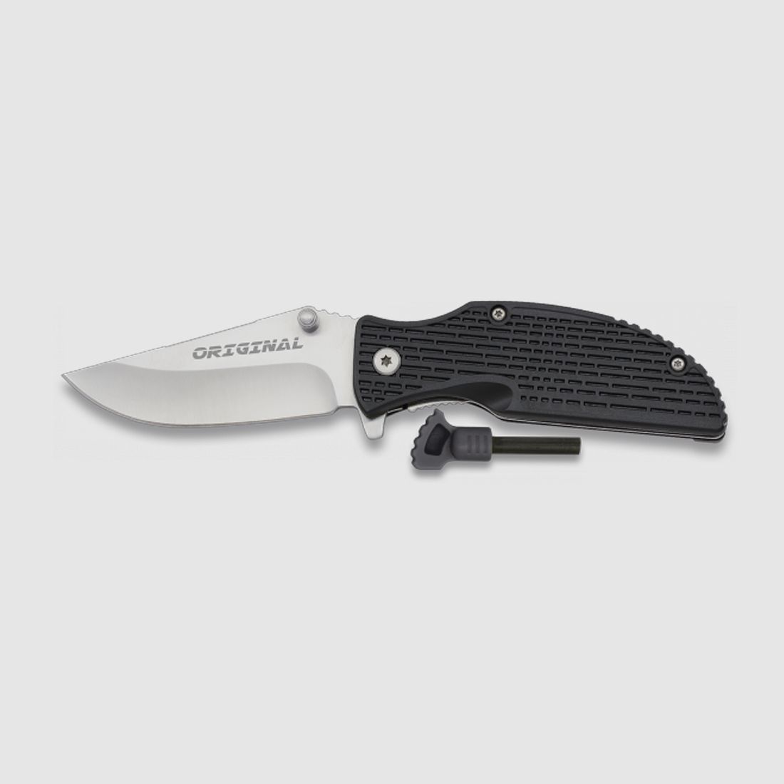 Outdoor Taschenmesser schwarz mit Feuerstarter im Griff, Survival