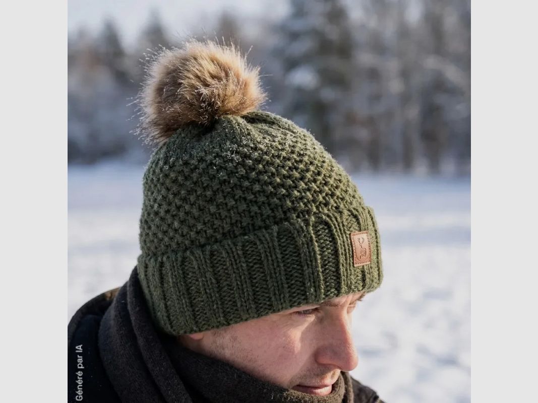 Mütze Deerhunter grün mit Bommel und Fleece-Futter, Bild 6 von 7