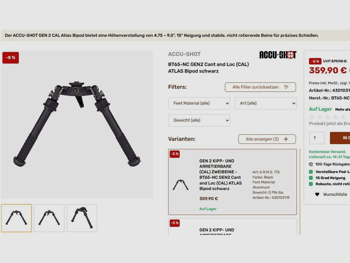 ACCU Shot ATLAS BT 65 NC GEN2  Zweibein Bipod inkl. ARCA Montage