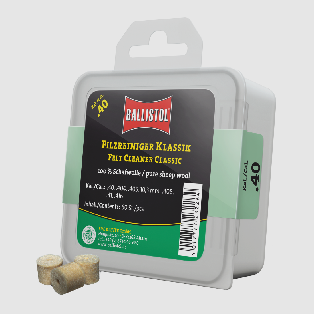 Ballistol Klassik viltreinigers, kal. .40, 60 stuks (voor kal. .40, .404, .405, 10,3 mm, .408, .41, .416), afbeelding 1 van 2