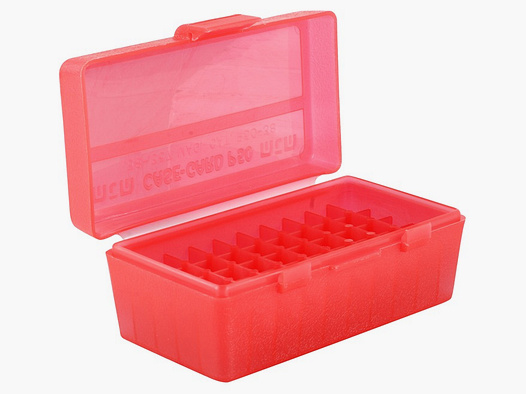 MTM scatola per cartucce P50-38-29 rossa trasparente con coperchio a ribalta per 50 cartucce .38 Spec. e altre.