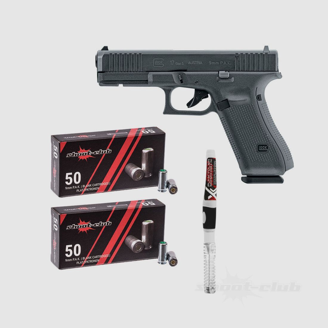 GLOCK	 Glock 17 Gen5 9mmPAK +shoXx Oil-Pen + 100 SC Platzpatronen