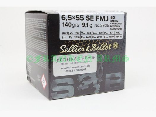 Sellier&Bellot FMJ 6,5x55 SE 140gr. 9,1g 50 pièces Prix dégressifs