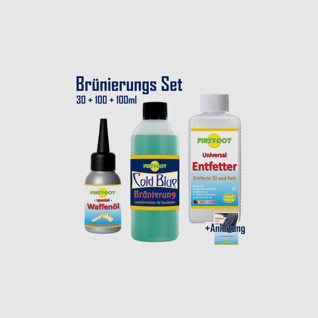 Brünierung-Set für Stahl, 4-teilig! Brünierung, Entfetter, Öl und Anleitung!     >NEU! das TOP-Set!<