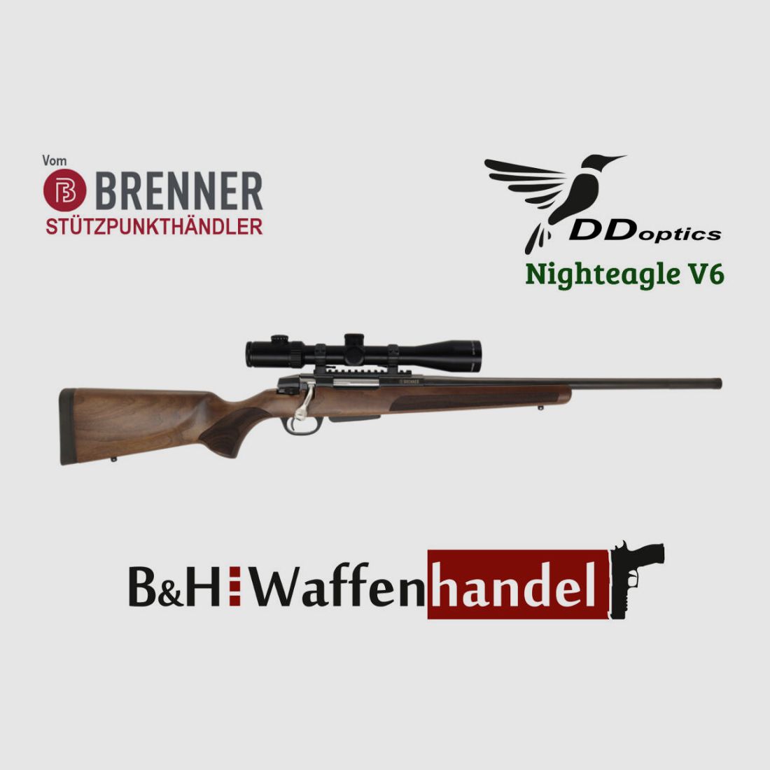 Brenner Komplettpaket:	 BR 20 Nussbaumschaft DDoptics 2.5-16x42 oder 2.5-15x50 Jagd Büchse Holzschaft Finanzierung möglich