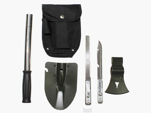 Juego multifuncional, 6 en 1, con bolsa - consta de: mango universal, hacha, pala, sierra, cuchillo con abridor de botellas y latas