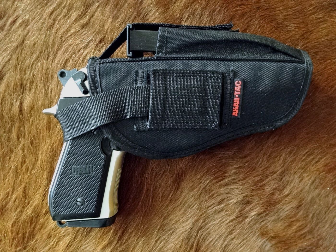Top-Pakket! Reck Miami Mod. 92 F verchroomd, Cal. 9 mm P.A.K. + takt. Holster + 2. Magazin