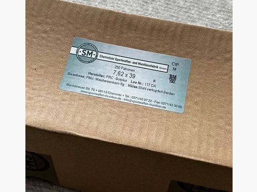 7,62x39 SM FMJ 8,0g 1.000 szt. (19EUR za paczkę)