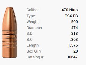 Balle Barnes .470 Nitro/.474 500GR TSX HP FB 20 pièces