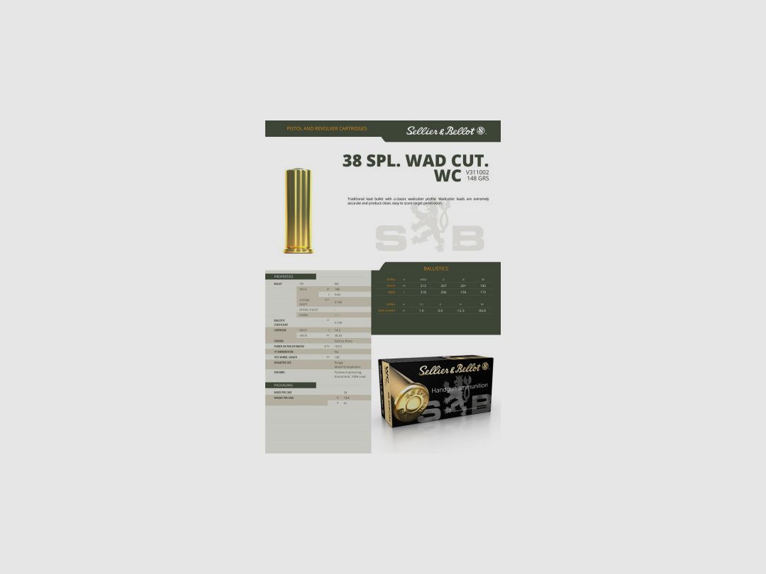 BOITE DE 50 CARTOUCHES SELLIER&BELLOT CAL.38 SPECIAL WAD CUTTER 148GRS - CATEGORIE B, image 3 sur 3