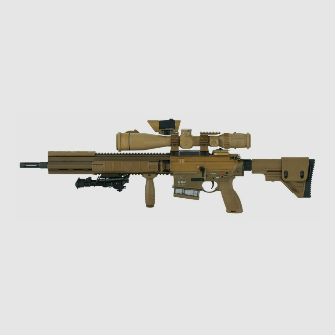 Heckler & Koch HK SLB G28 Z, cal. .308 Win., couleur sable, avec lunette, point rouge et frein de bouche