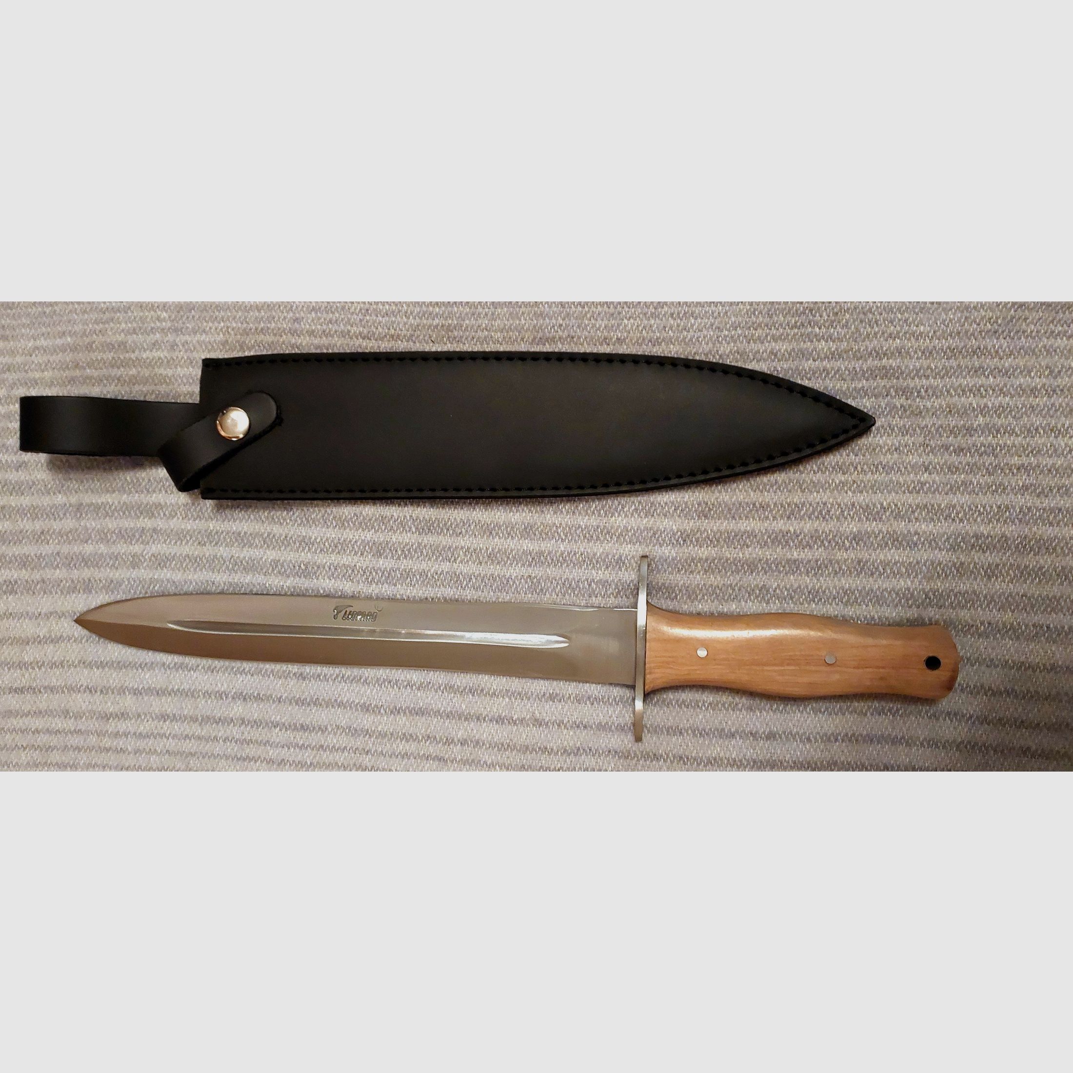 Saufänger – Grande coltello da caccia, affilato su entrambi i lati, manico in legno di teak, con fodero in pelle NUOVO